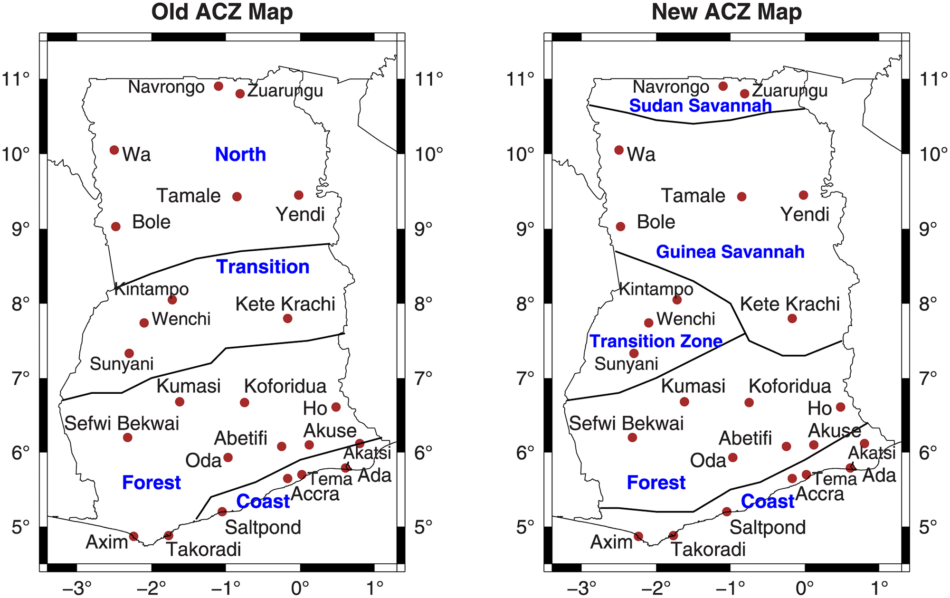 Source Map 1: Ghana's Savannah-Forest transition belt: A comparison of the old (left) and new (right) Agro-Climatic Zones.