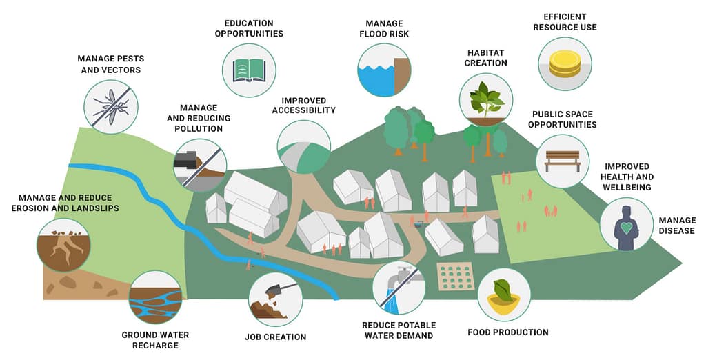 A diagram of a sustainable urban drainage system (SUDS)