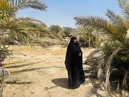 Naima Abdul Shershab, a female farmer participating in the IWMI’s Wiqaya project, stands in her village of Al-Duraan, Al-Batha District, Dhi Qar Governorate, Iraq. Photo credit: Tuqa Kadhum/ Women Empowerment Organization Iraq