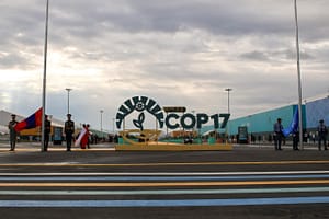 The flags of Mongolia and the UN are raised at the beginning of UNCCD COP 17. Photo by IISD/ENB | Anastasia Rodopoulou