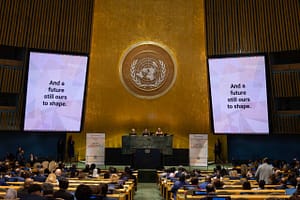 The Ministerial Segment of the High-Level Political Forum 2026 opens with a video reminding delegates that the future is still ours to shape. Photo: Kiara Worth/IISD-ENB