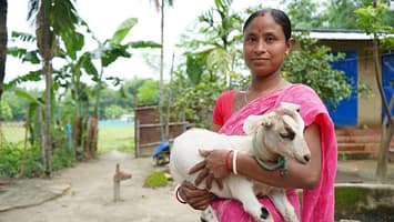 Minati Rudra in Rowta, Udalguri, Indiai with a goat from her farm. She received assistance under MMUA and invested in goat rearing as a means of expanding the household income. Photo: Tanmoy Bhaduri/IWMI