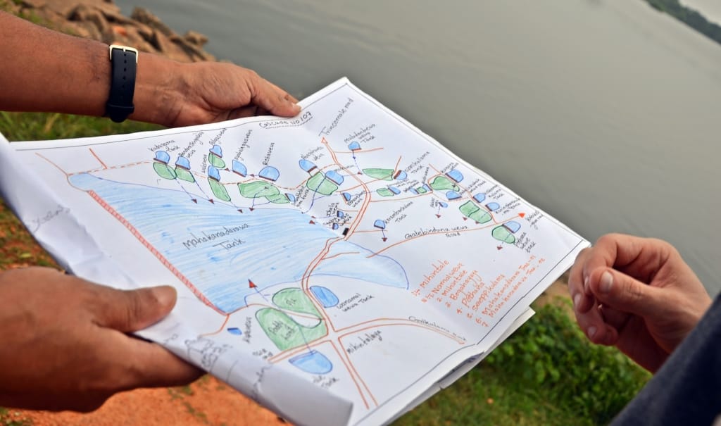 A hand drawn map of one of the tank cascade systems in the Malwathu Oya River Basin