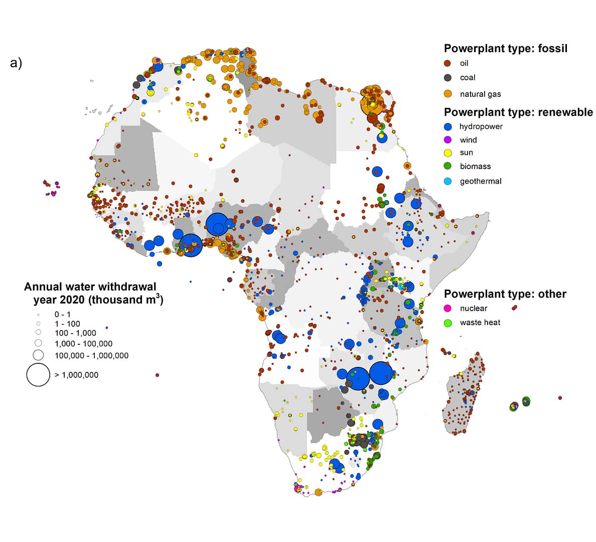 Distribution of power plants across Africa. Bigger circles denote larger annual water withdrawal in 2020. Foresight Initiative / IWMI.