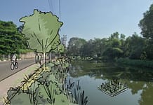 Drawing of Kinda Canal edged with plants rather than remaining entirely channelized with embankments. Plants slow stormwater flows, allowing sediment and pollutants to settle before being treated. This intervention creates vital new public space. Floating wetlands, as illustrated in the canal, also improve the environment. Laura Keil / IWMI.