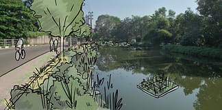 Drawing of Kinda Canal edged with plants rather than remaining entirely channelized with embankments. Plants slow stormwater flows, allowing sediment and pollutants to settle before being treated. This intervention creates vital new public space. Floating wetlands, as illustrated in the canal, also improve the environment. Laura Keil / IWMI.