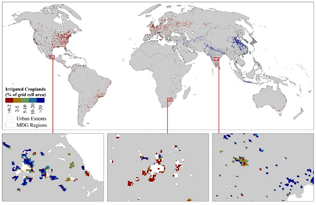 Global map of irrigated and rainfed urban croplands with examples from three world regions