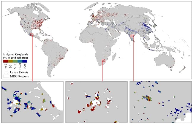 Global map of irrigated and rainfed urban croplands with examples from three world regions