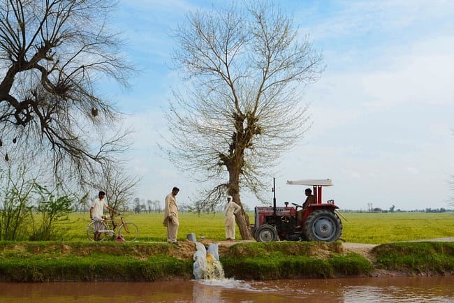 Farmer taking excess water out from the fields near 3R canal, Haron Abad, Pakistan. 