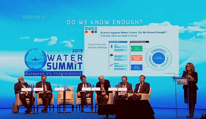Dr Claudia Sadoff with the panel of speakers at the Budapest Water Summit 2019
