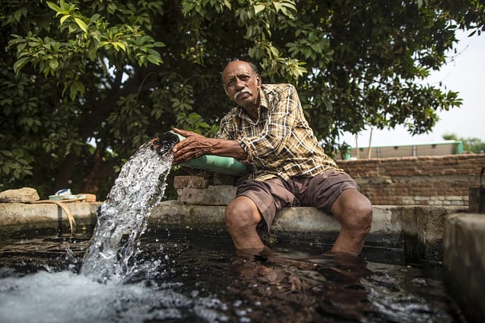 Farmer Raman Parmar on his farm with the IWMIs solar pump pilot in Thamna village near Anand
