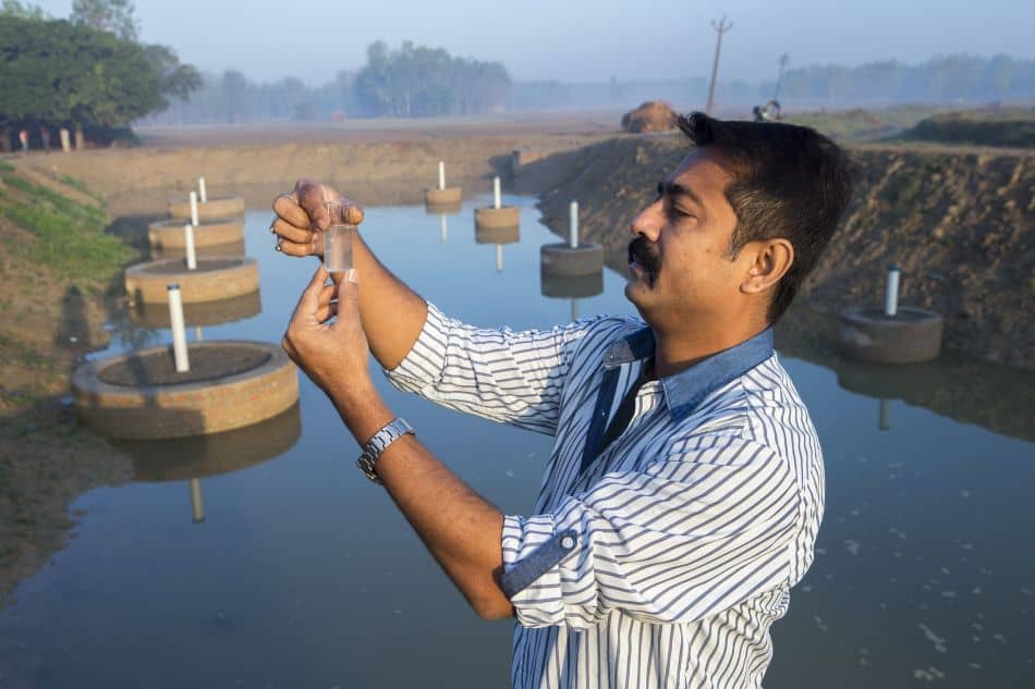 A scientist checking a sample of water. Photo: Prashanth Vishwanathan / IWMI
