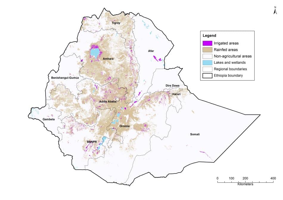 Figure 1. Map of irrigated and rainfed areas in Ethiopia during the period 2015-2016, mapped at a resolution of 30 meters (source: Chandrasekharan et al. 2021).