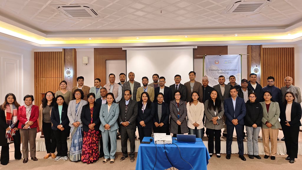 Participants in Nepal’s climate finance training cohort gather for a group photograph. Led by IWMI, the program supported 55 stakeholders with training on climate finance and negotiations. Photo: IWMI
