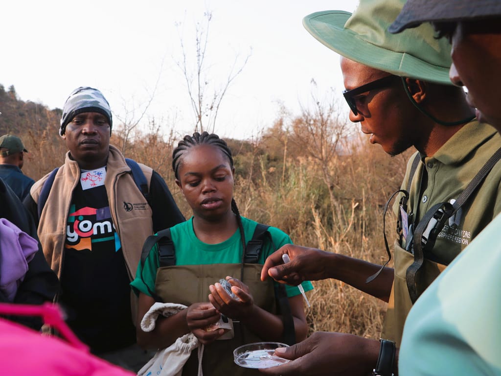 IWMI scientists guide community members in collecting river data as part of a citizen science program in South Africa. Photo: Nicole Langa /IWMI