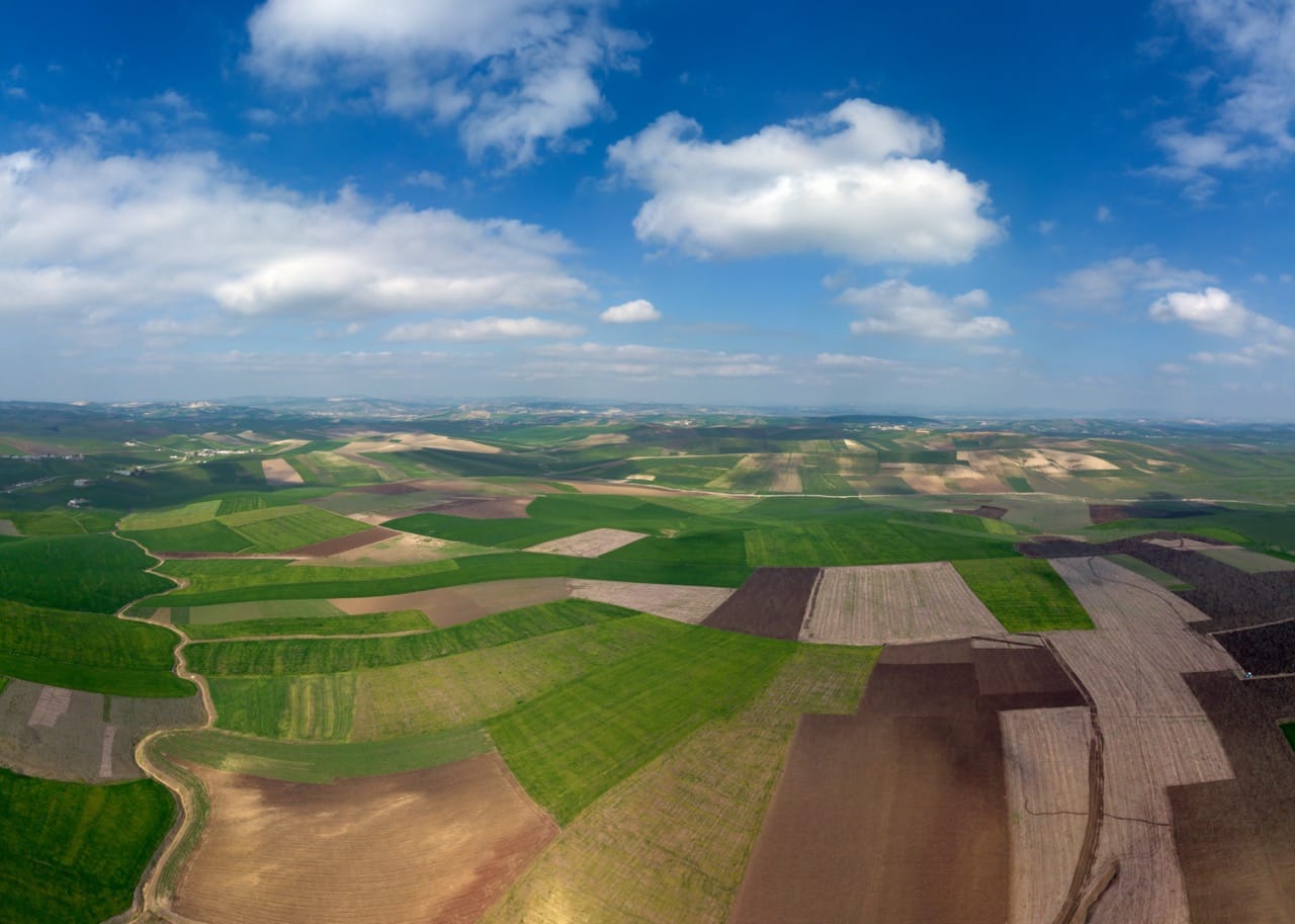 Aerial landscape with hilly agricultural fields in Morocco, Africa. Photo:Kokhanchikov/Shutterstock