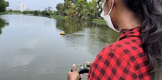 Wetlands, humans and robots Float, an unmanned surface vehicle (USV), being driven around one of the Colombo city's wetlands to collect water quality data.