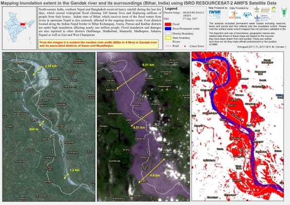 Mapping of the extent of inundation along the Gandak River, Bihar, India, using satellite data from the Indian Space Research Organisation. Mapping of the extent of inundation along the Gandak River, Bihar, India, using satellite data from the Indian Space Research Organisation.