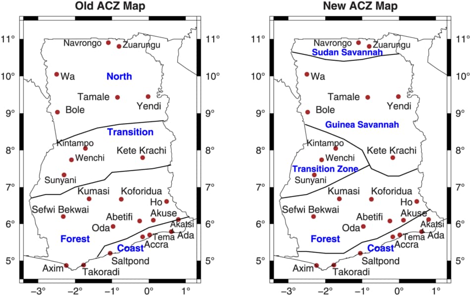 Source Map 1: Ghana's Savannah-Forest transition belt: A comparison of the old (left) and new (right) Agro-Climatic Zones.