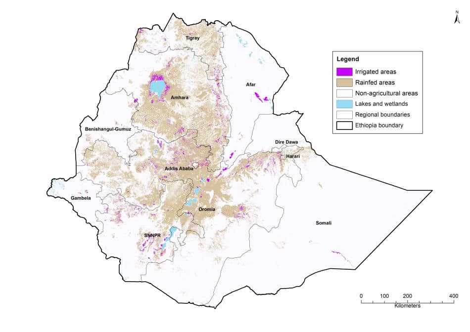 Figure 1. Map of irrigated and rainfed areas in Ethiopia during the period 2015-2016, mapped at a resolution of 30 meters (source: Chandrasekharan et al. 2021). Figure 1. Map of irrigated and rainfed areas in Ethiopia during the period 2015-2016, mapped at a resolution of 30 meters (source: Chandrasekharan et al. 2021).
